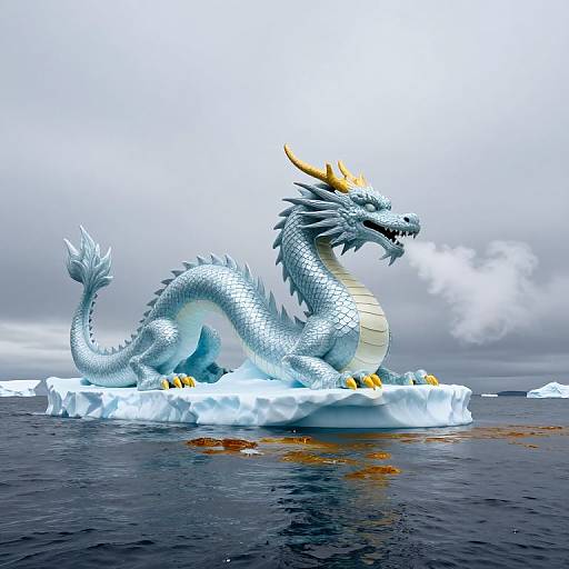 Digital art of a silver dragon with yellow horns, breathing steam, resting on an icy floe in a dark ocean.