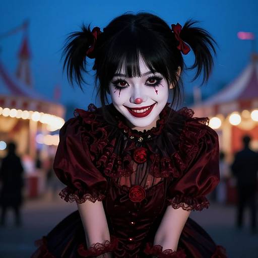 Photograph of a pale, smiling woman with black pigtails, white face paint, and red lipstick, wearing a dark red, ruffled go