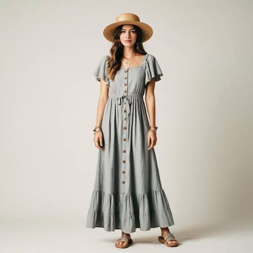Woman in Bohemian Gray Maxi Dress with Straw Hat