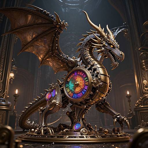 A detailed, steampunk-style dragon sculpture with metallic scales, colorful clock face, and illuminated wings in a dimly lit cathedral.