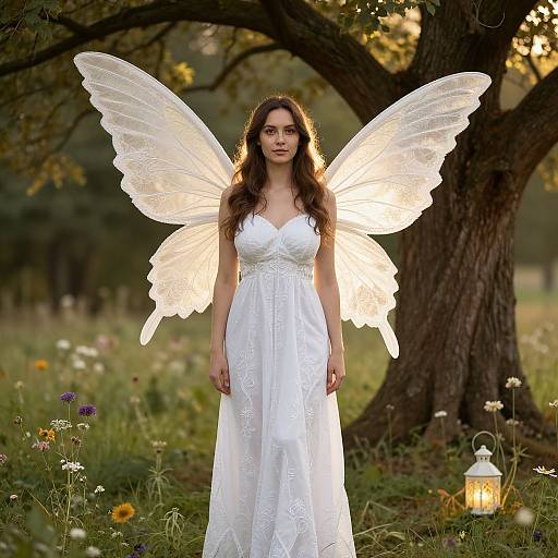 Photograph of a woman with long brown hair, wearing a white lace dress and glowing, translucent wings, standing in a sunlit meadow by a
