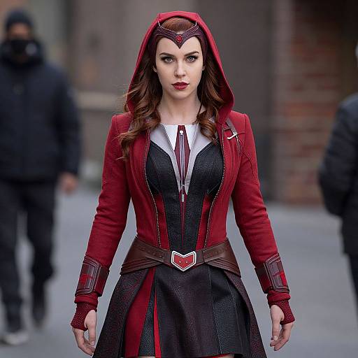 Photograph of a confident woman in a red hooded superhero outfit with black dress, white collar, and red belt, standing in an urban street background