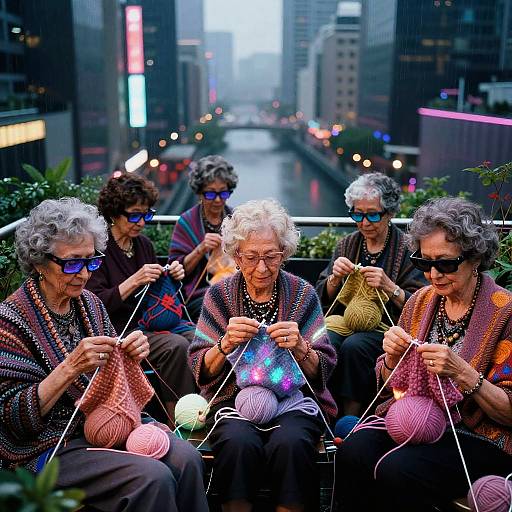Cyberpunk Grandmothers in Neon Rooftop Garden