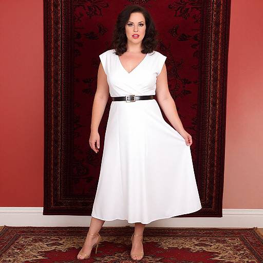 Photograph of a pale-skinned woman with black curly hair, wearing a white V-neck dress, black belt, and beige high heels, standing against