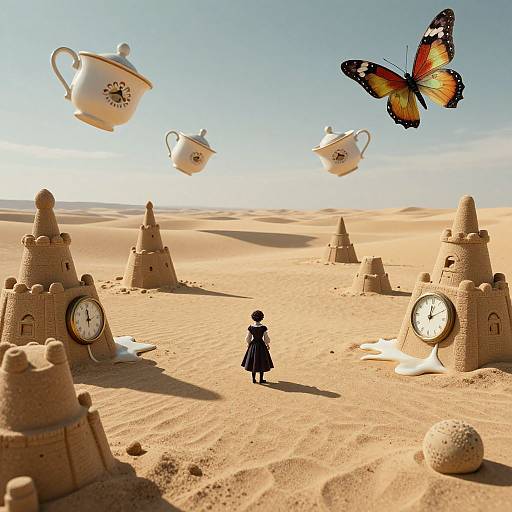Whimsical desert landscape: child in black dress faces floating teacups, clock towers, and a colorful butterfly; sandy dunes under clear sky