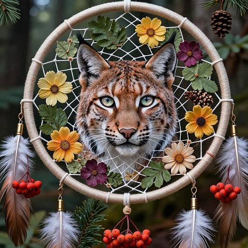 Photograph of a detailed dreamcatcher featuring a realistic lynx face, yellow and purple flowers, green leaves, red berries, feathers, and pine