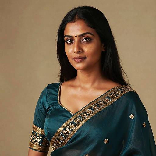 Portrait of South Asian Woman in Teal Silk Sari