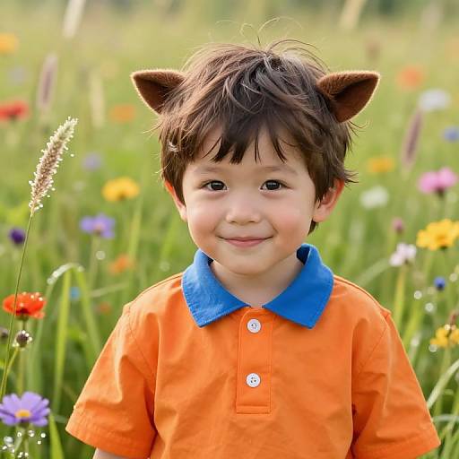 Realistic Boy in Sunny Wildflower Meadow