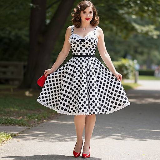 Photograph of a fair-skinned woman with curly brown hair, wearing a black and white polka dot dress, red heels, and red clutch,