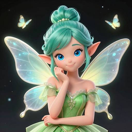CGI fairy with teal hair, green dress, glowing wings, blue eyes, and pointed ears, smiling with hand on cheek, surrounded by glowing butterflies