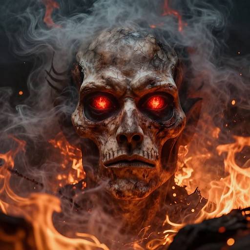Digital art: Close-up of a terrifying, skull-faced demon with glowing red eyes, surrounded by intense orange flames and dark smoke.
