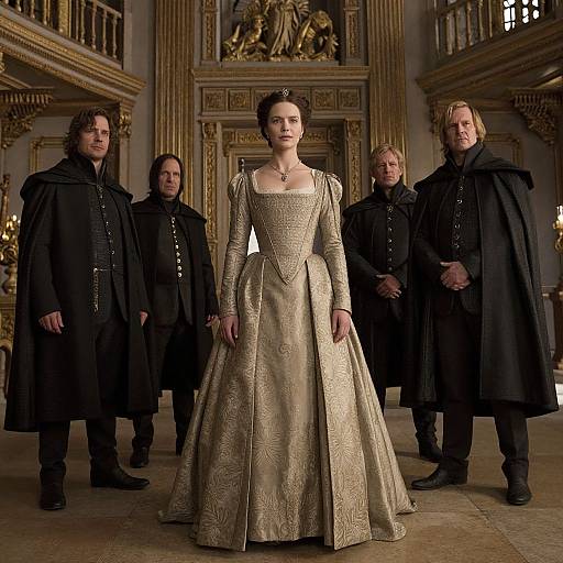 Photograph of a woman in an ornate, gold, Renaissance-style gown flanked by four men in black cloaks, standing in an opulent