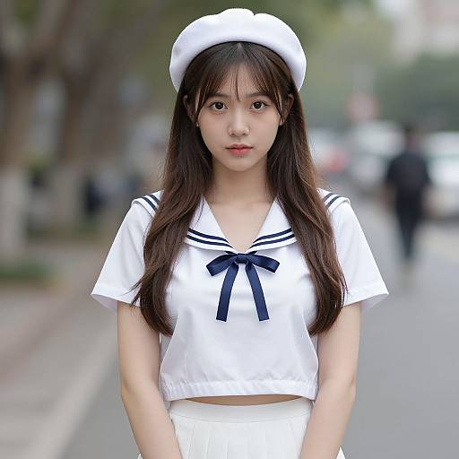 Photograph of an Asian woman with long brown hair, wearing a white sailor uniform and hat, standing on a blurred city street.