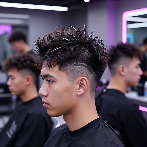 Photograph of a young Asian man with a modern undercut and spiked hairstyle, wearing a black salon cape, in a brightly-lit hair salon with blurred