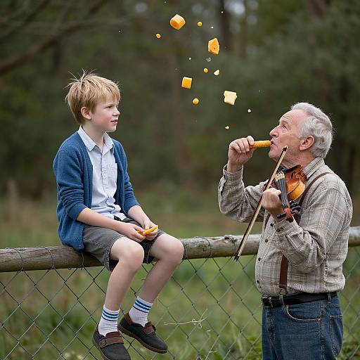 Photograph of an elderly man with gray hair eating a cube of cheese, blowing it to a young boy with blond hair, sitting on a wooden fence