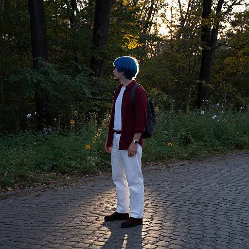 Photograph of a young man with blue beanie, red jacket, white pants, black shoes, and backpack, walking on a sunlit, tree