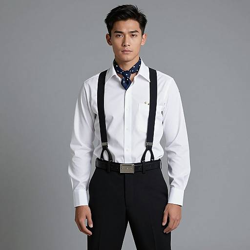 Photograph of a young Asian man with short black hair, wearing a white shirt, black suspenders, black pants, and a blue polka-dot