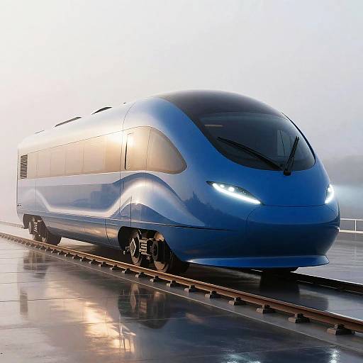 Photograph of a sleek, blue high-speed train with glowing headlights on wet tracks, reflecting light, set against a bright, misty background.