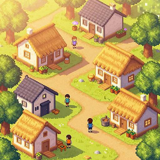 Kenney Style Pixel Art Village Sunrise