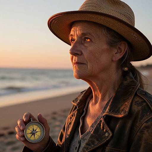 Photograph of an elderly woman with weathered skin, wearing a straw hat and denim jacket, holding a compass at sunset on a beach. Warm,