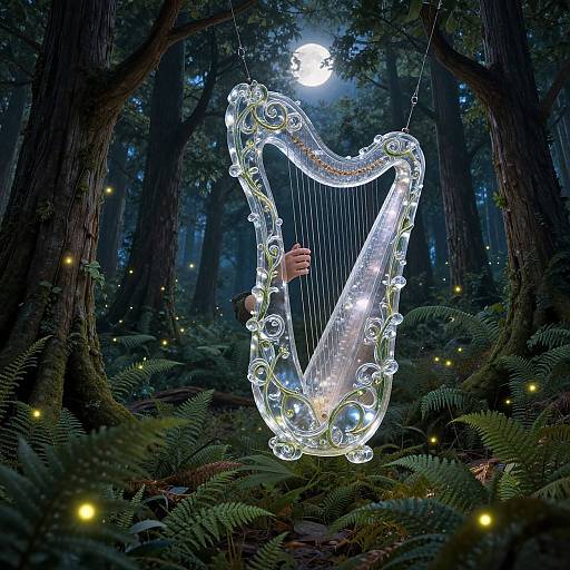 Photograph of a glowing, crystal harp with illuminated strings, hanging in a dark, enchanted forest, with glowing fireflies and a moonlit sky