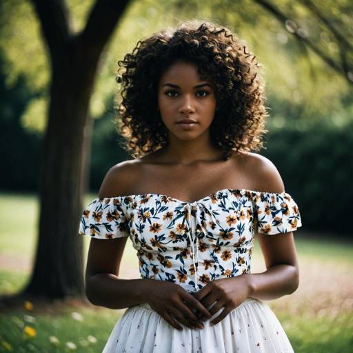 Dark-Skinned Woman in Floral Off-Shoulder Dress Outdoors