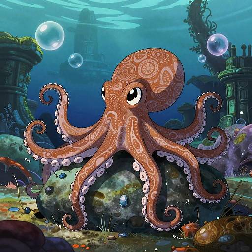 Mystical Anime Octopus in Ocean Cave
