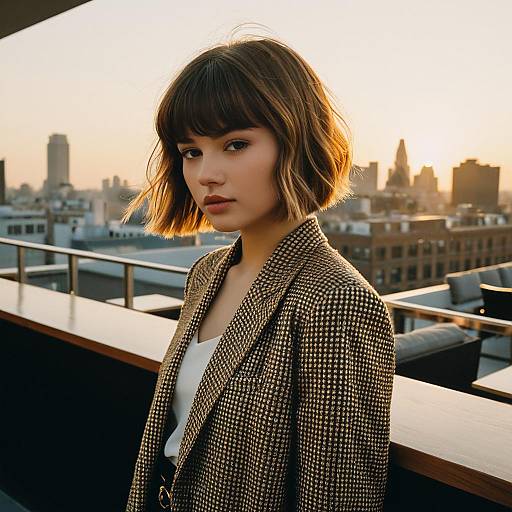 Young Woman with Choppy Bob Hairstyle on Rooftop Bar