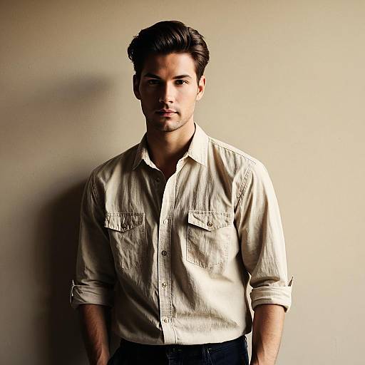 Young Man in Vintage Beige Shirt
