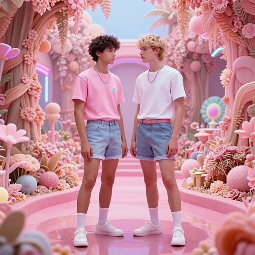 Photograph of two young men in pink and white shirts, denim shorts, white socks, and sneakers, standing in a whimsical, pink-themed floral