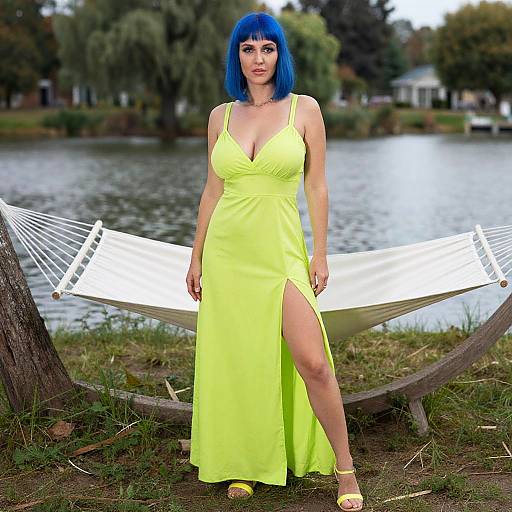 Photograph of a woman with blue bob haircut, wearing a neon yellow dress with a thigh-high slit, standing in front of a white hammock by