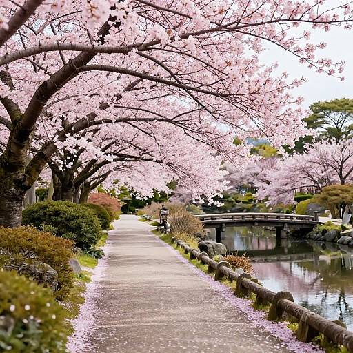 Photograph of a serene cherry blossom-lined pathway beside a reflective pond, with a wooden bridge in the background. Pink blossoms dominate the scene, creating