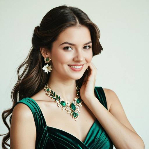 Elegant Woman in Green Dress with Floral Jewelry