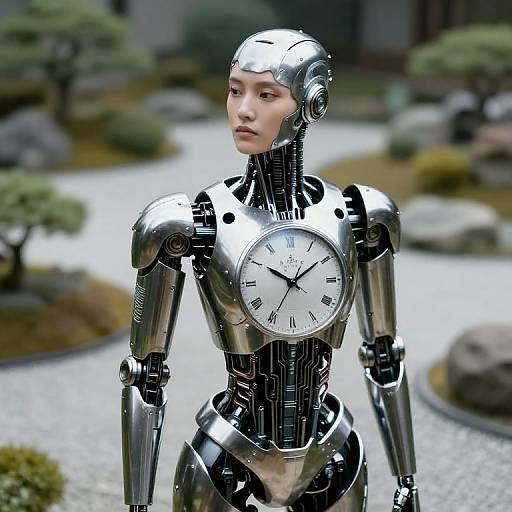 Photorealistic CGI of a silver humanoid robot with a clock face on the chest, standing in a Japanese garden.