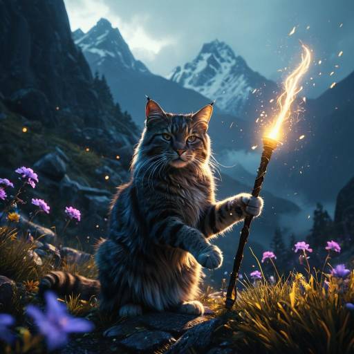 Enchanted Cat Holding Magic Wand in Mountain Landscape