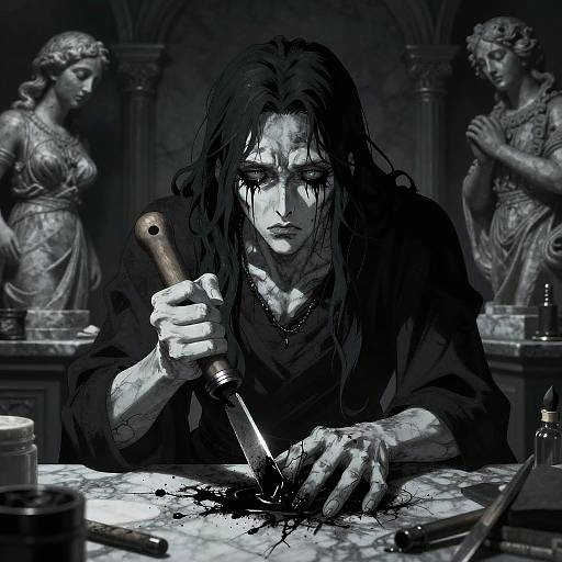 Digital art: Dark-haired, pale-skinned man with blood-stained hands, holding knife, carving in dimly lit room with classical statues. Moody