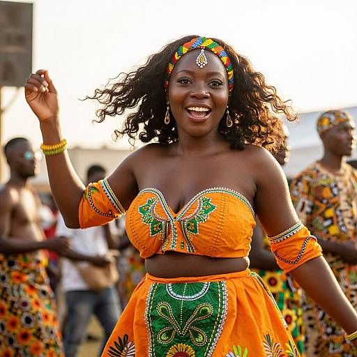 Photograph of smiling African woman in vibrant orange and green traditional outfit with headband, curly hair, and beaded accessories, dancing outdoors with other similarly