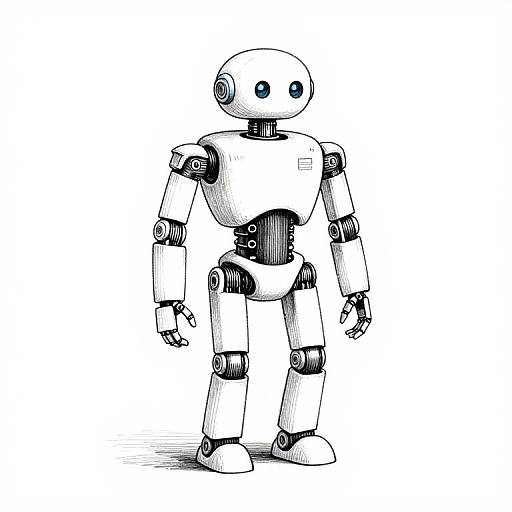 Black-and-white digital drawing of a simple, humanoid robot with a round head, large eyes, jointed arms, and legs, standing against a white