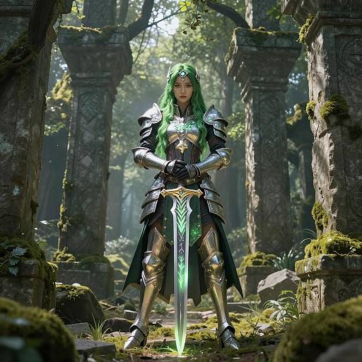 Enchanting Female Warrior in Ancient Forest