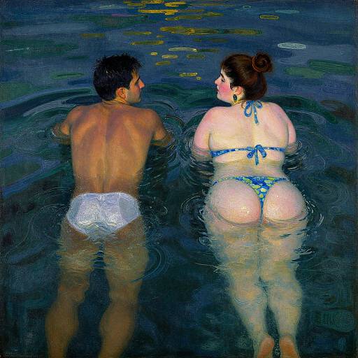 Photograph of a muscular man in white swim trunks and a curvy woman in a blue bikini, viewed from behind, swimming in dark, reflective