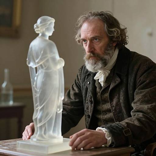 Photograph of a bearded, middle-aged man with gray hair, wearing a dark brown jacket, intently examining a glowing, translucent statue of a