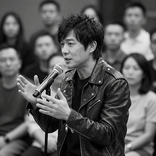 Black-and-White Asian Singer at Microphone