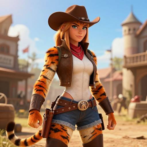 Tiger Female Cowboy Gunslinger in Western Town