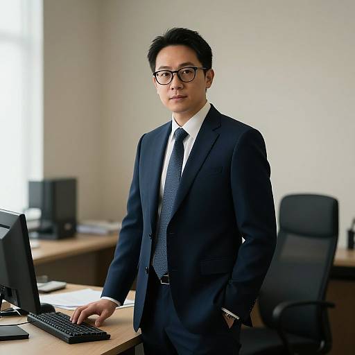 Photograph of an Asian man in a dark navy suit, white shirt, and black tie, wearing glasses, standing at a desk in a modern office