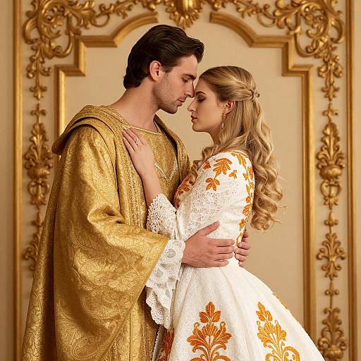 Photograph of a romantic couple in regal gold and white floral attire, gazing into each other's eyes, set against an ornate, golden