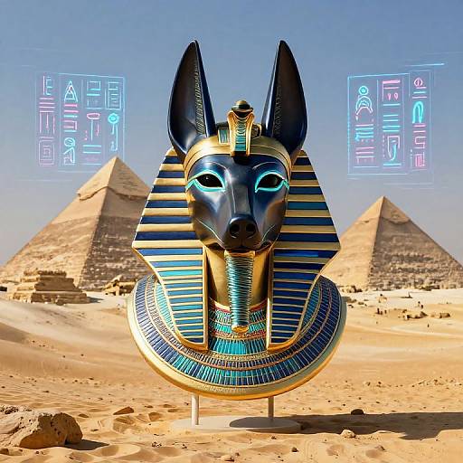 Digital artwork of an Egyptian Anubis head with neon blue accents, striped headdress, and hieroglyphs, set against pyramids in a