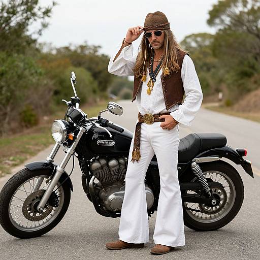 Photograph of a long-haired man in white cowboy outfit, brown vest, and hat, standing beside a black Honda motorcycle on a rural road.