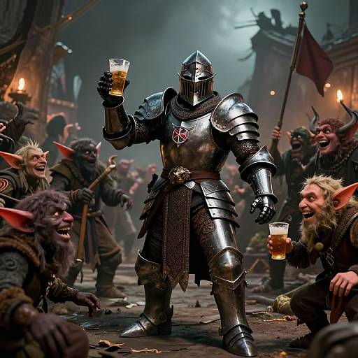 Dark Armored Knight Celebrates with Goblins