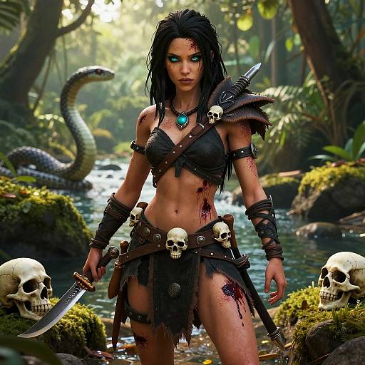 Digital artwork of a bloodied, black-haired warrior woman with glowing blue eyes, wearing black armor and skull-adorned belt, standing in a jungle