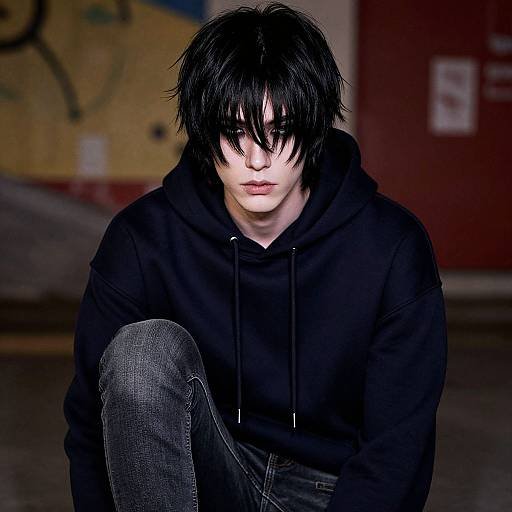 Photograph of a pale-skinned, black-haired young man with messy hair, wearing a black hoodie and jeans, crouching in a dimly